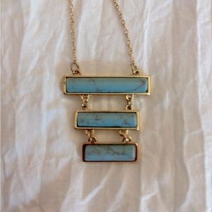 Gold tone and turquoise blue costume jewelry necklace 30”chain